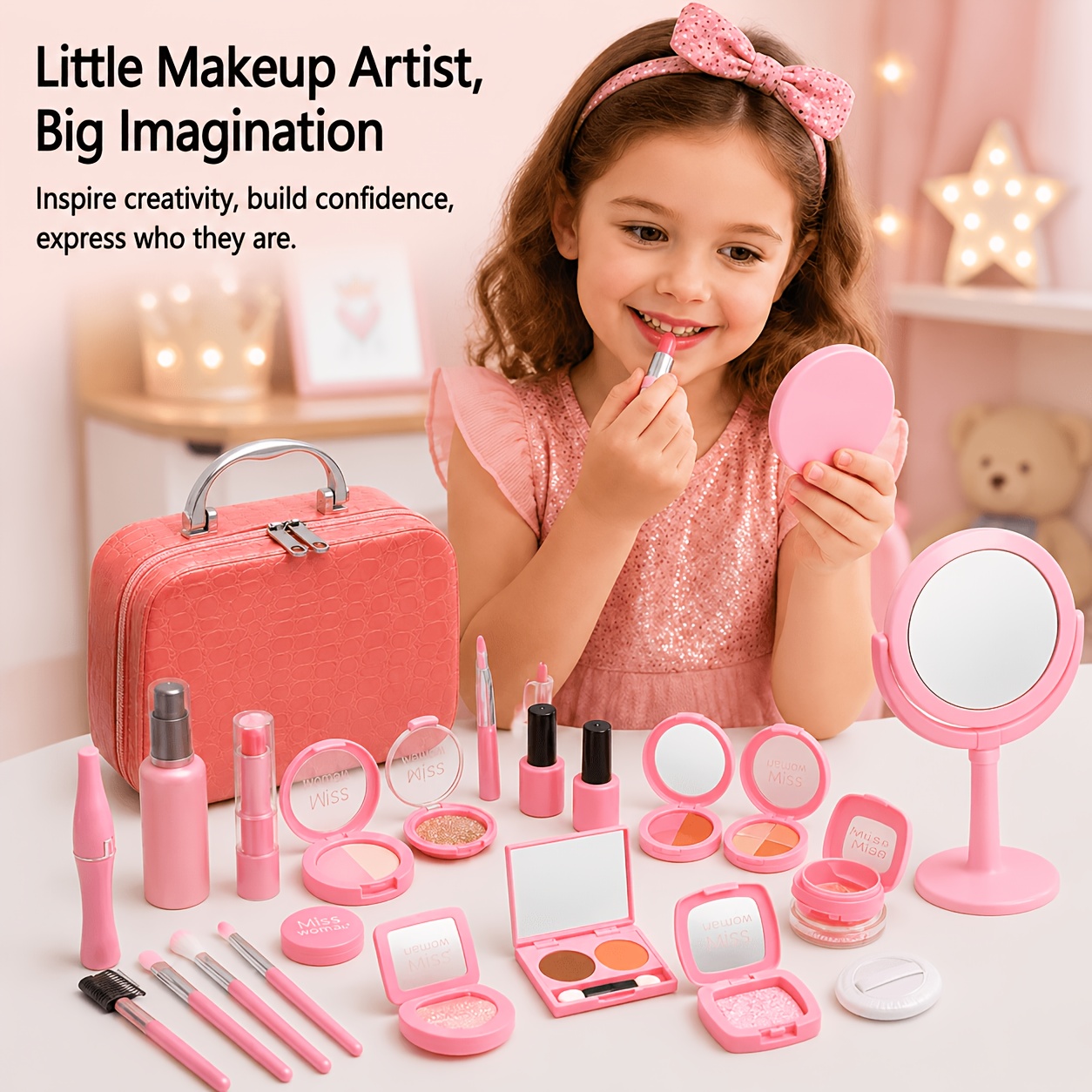 Beauty Makeup Set For Kids - 22PCS Kids Pretend Makeup Set, Pink